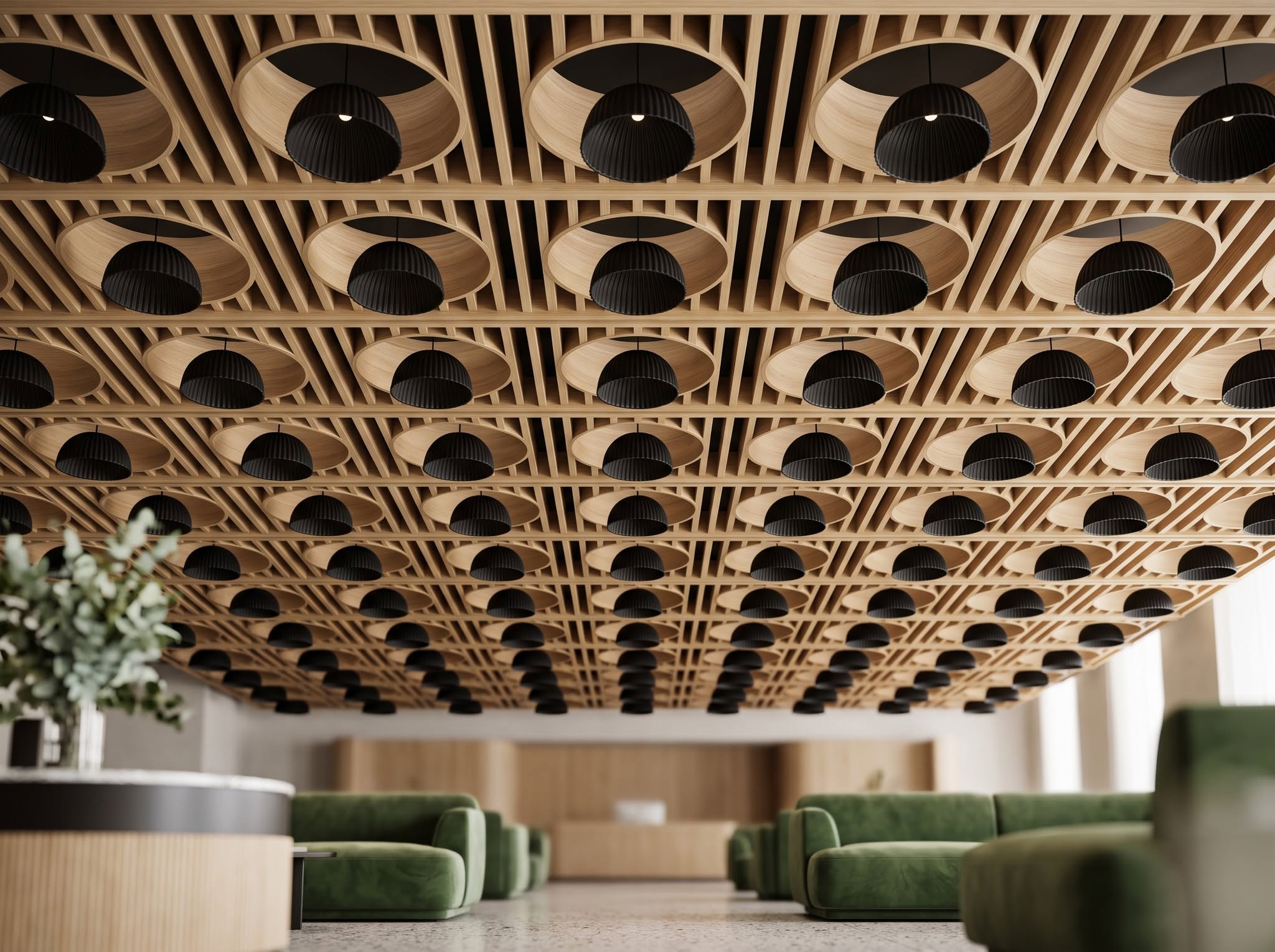 Cielo celosía entramado de madera maciza en diseño de interiores arquitectónico por BUFFALO